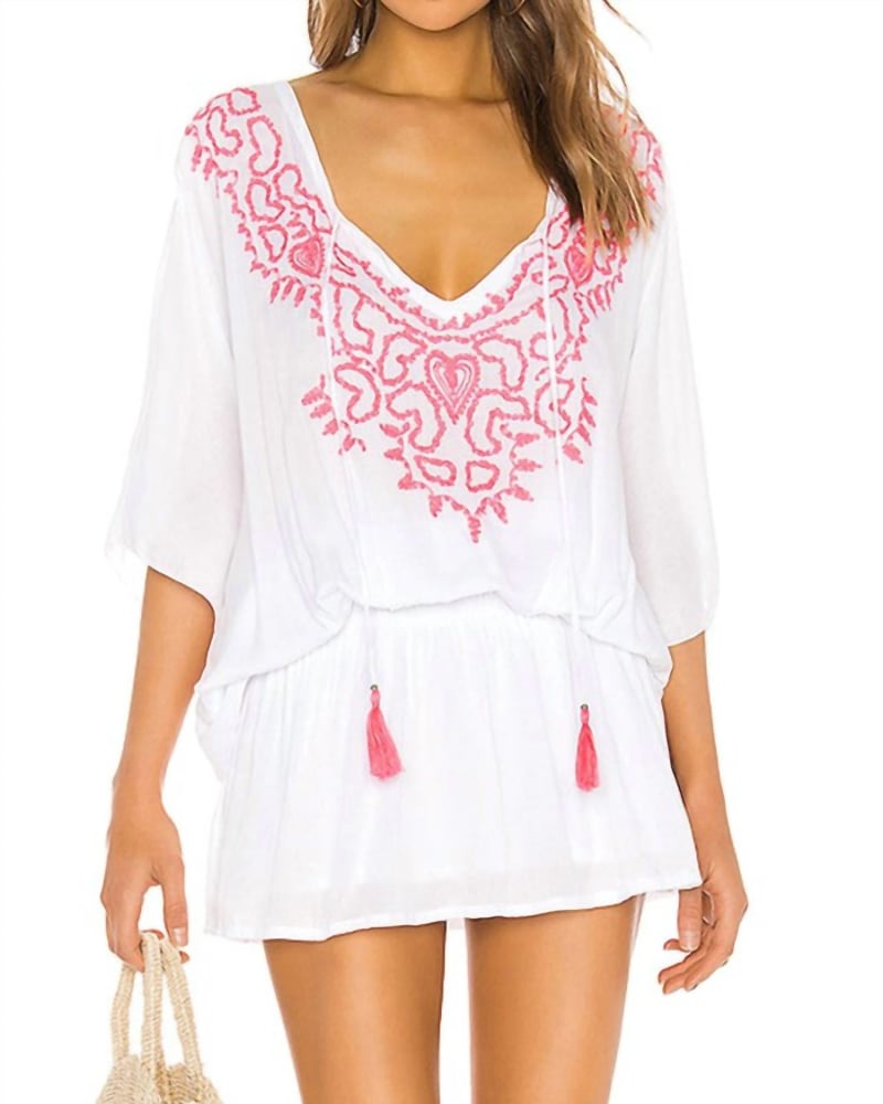Front of a model wearing a size Large Hawaii Margarita Mini Dress in White in White by CEZELE. | dia_product_style_image_id:337588